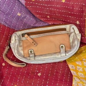 Elegant Tan and Silver Wristlet Clutch